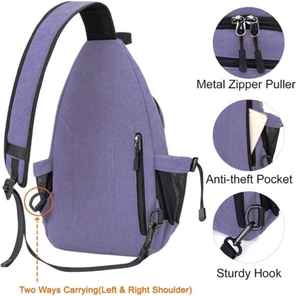 Sling Backpack, Canvas Crossbody Bag Purple - Picture 4 of 5